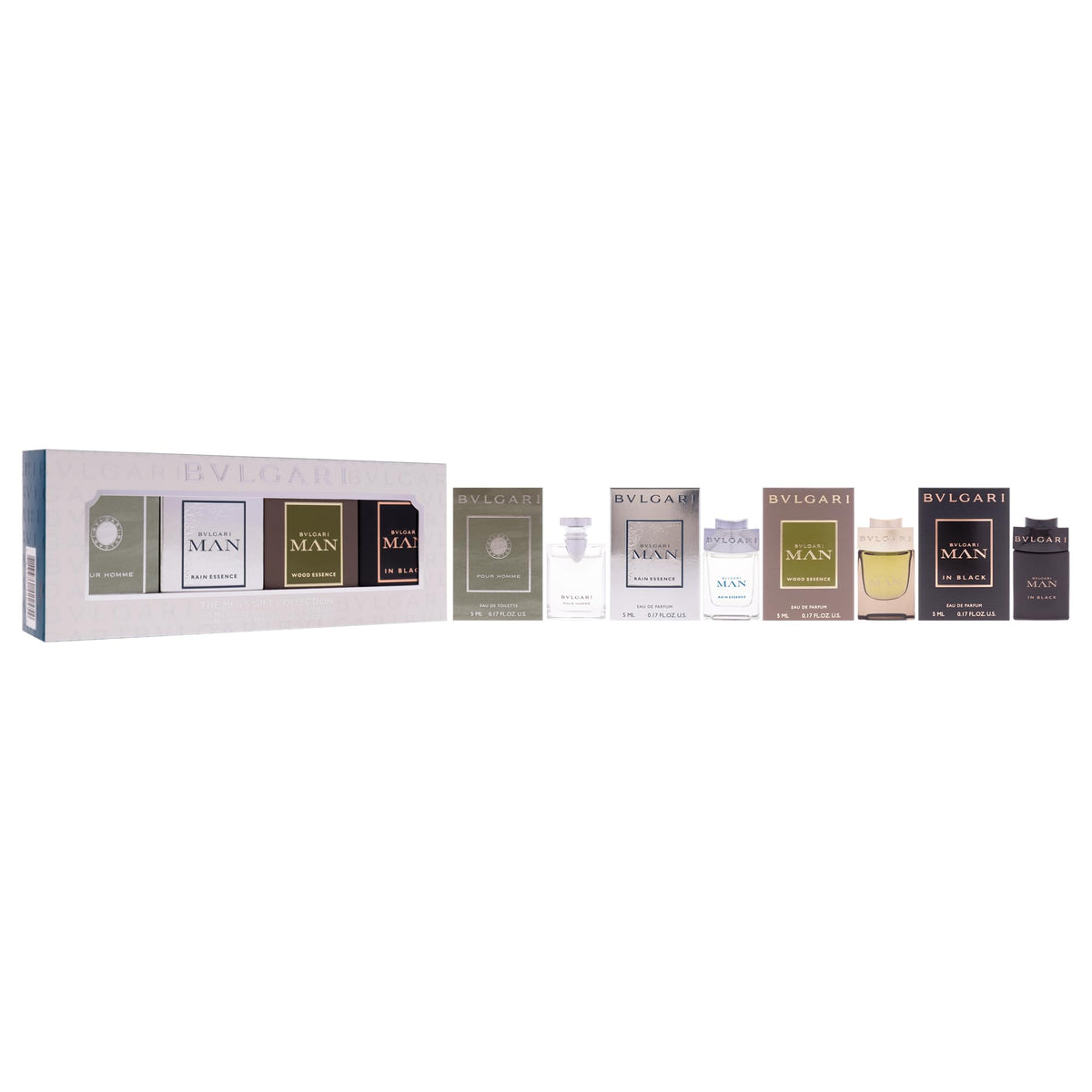 Bvlgari The Mens Gift Collection for Men - 4 Pc Mini Gift Set 5ml Pour Homme(EDT), EDP- Rain Essence, Wood Essence, Man In Black.