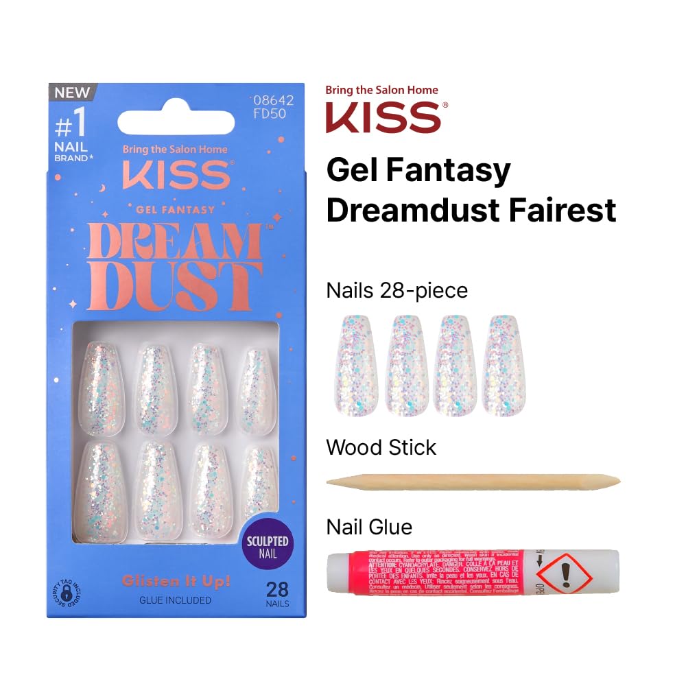 KISS False Nails Kit, Dreamdust Ready to Wear Gel Sculpted Nails, Stick and Glue Included, Long Length, Coffin Shape with White Glitter Effect