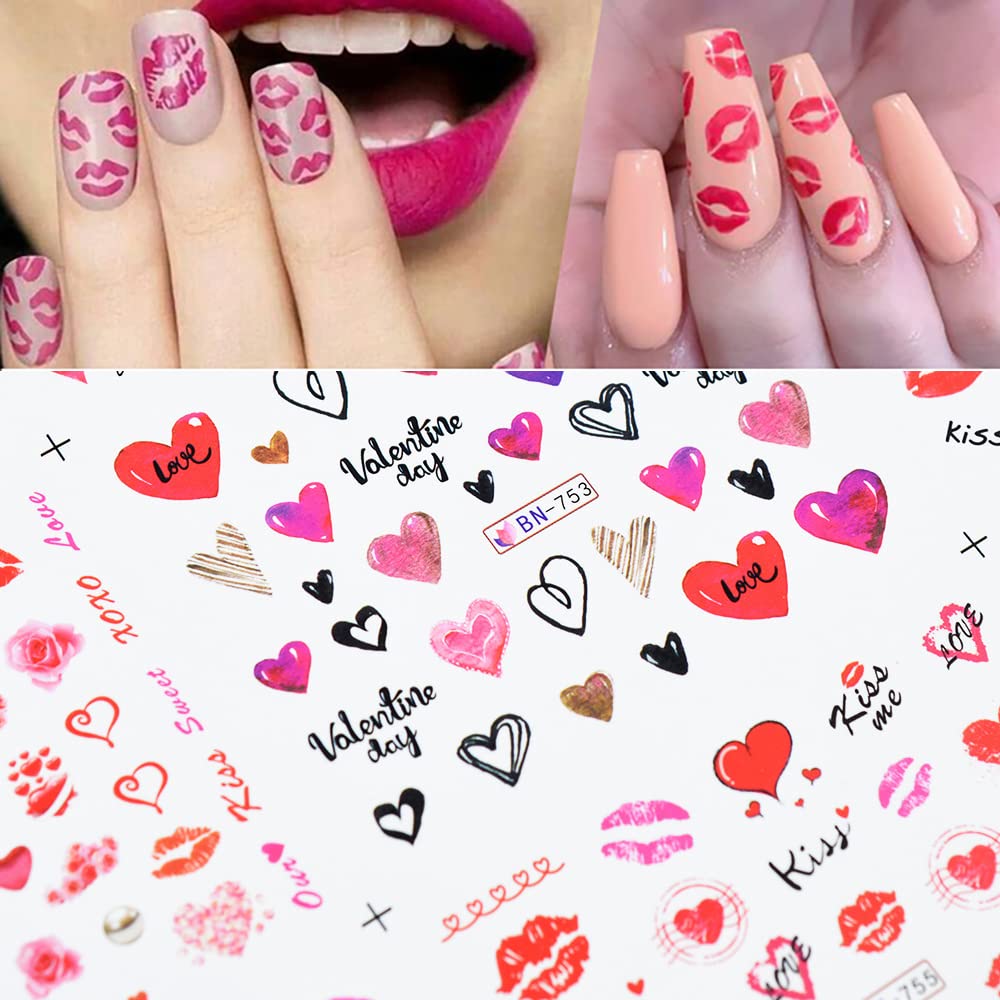 Valentine's Day Nail Decals - 12 Sheets Heart Rose Love Sexy Lips Lipstick Valentines Nail Art Tattoo Stickers DIY Nail Decoration for Women Girls Beauty & Personal Care Qdsuh