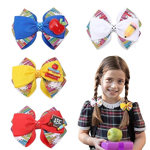 4pcs Back to School Hair Bows Clips for Girls - Yellow Apple Pen Blackboard Barrette, Colorful Hair Bow Accessories for First Day of School Beauty & Personal Care Threetols