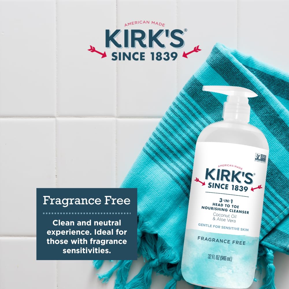 Kirk's Fragrance Free 3-in-1 Nourishing Cleanser, Shampoo Body Wash Bubble Bath, Coconut Oil and Aloe Vera, Vegan Non-GMO, 32 Fl Oz Beauty & Personal Care Kirk's