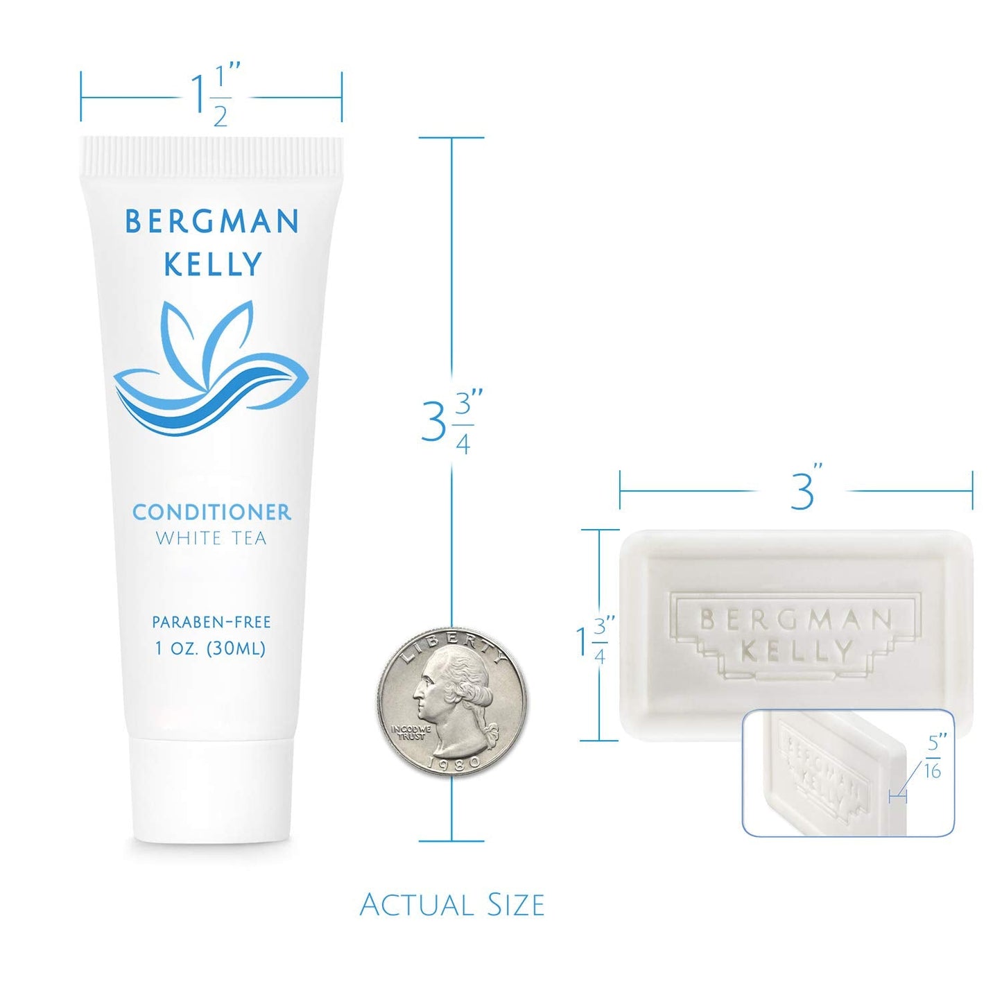 BERGMAN KELLY Rectangular Hotel Soap Bars, Shampoo & Conditioner 3-Piece Set (1 oz each, 150 pc, White Tea), Delight Guests with Revitalizing Beauty & Personal Care BERGMAN KELLY