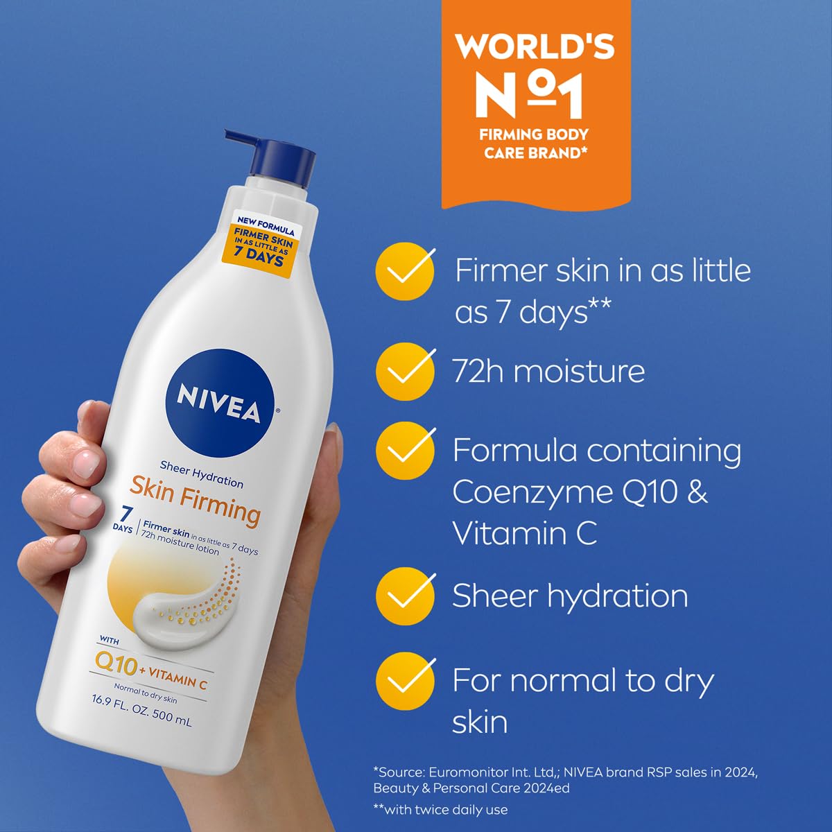 NIVEA Sheer Hydration Skin Firming Body Lotion with Q10 and Vitamin C, 72-Hour Body Moisturizer for Normal to Dry Skin, 16.9 Fl Oz Pump Bottle Beauty & Personal Care NIVEA