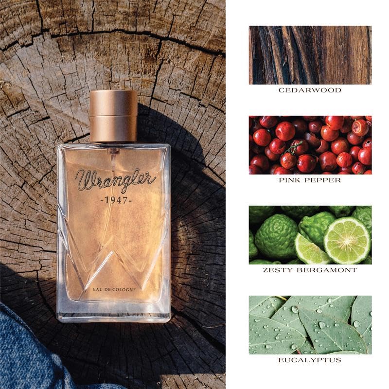 Wrangler 1947 Cologne for Men by Tru Western, 2.5oz, Cedarwood, Amber, Pink Pepper, Zesty Bergamot, Eucalyptus, & Ranch water Accord, Masculine Beauty & Personal Care Tru Fragrance Beauty