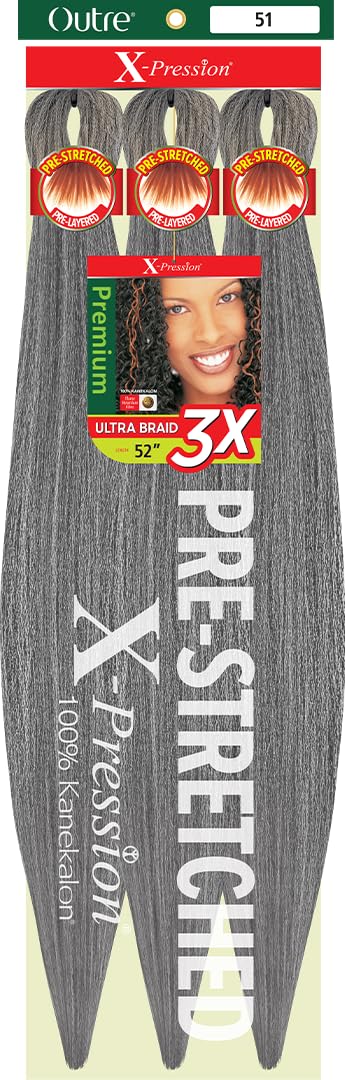 Outre X-Pression Braid - Pre Stretched Braid 52" 3X (2 Pack, LIGHT GRAY 51)