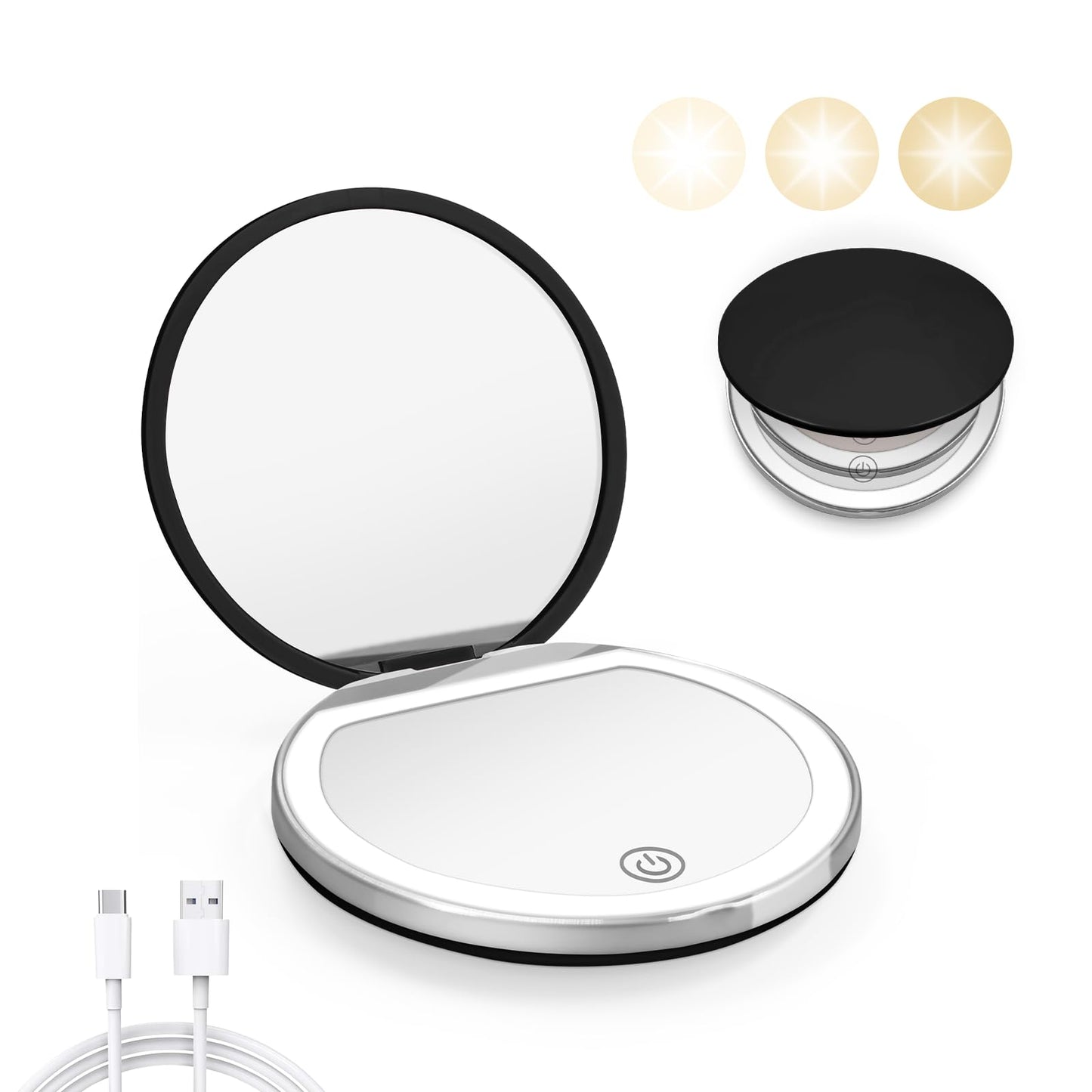 Kakuje Compact Mirror with Light, 1X/3X Magnification LED Pocket Mirror with USB Data Cable,Mini Mirror for Purse, Pocket,Travel and Present (Black) Beauty and Personal Care Kakuje Default Title