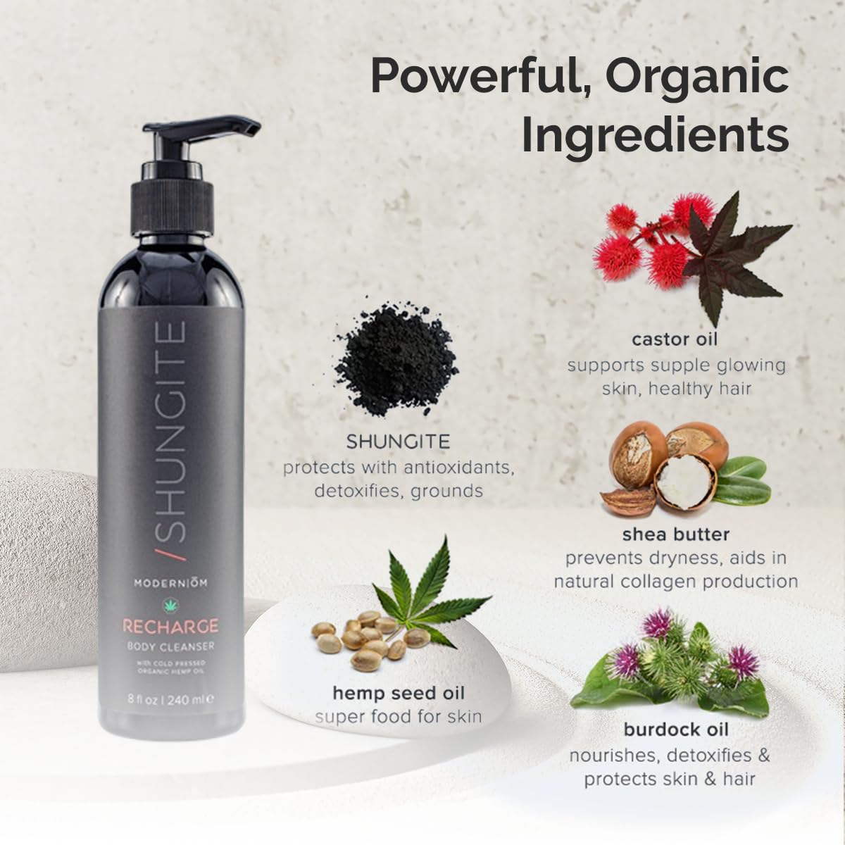 Modern ?M Shungite Recharge Body Wash with Hemp Seed Oil | All Skin Types, Organic Cleanser for Face, Hands, Body | Vegan, Non-GMO Made In USA Beauty & Personal Care Modern OM