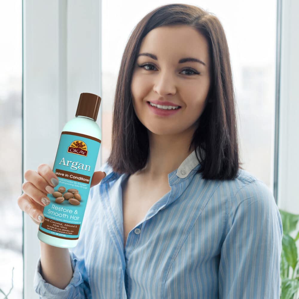 OKAY | Argan Leave In Conditioner | For All Hair Types & Textures | Restore, Hydrate & Smooth Hair | With Coconut, Almond, & Aloe Vera | Free Beauty & Personal Care OKAY