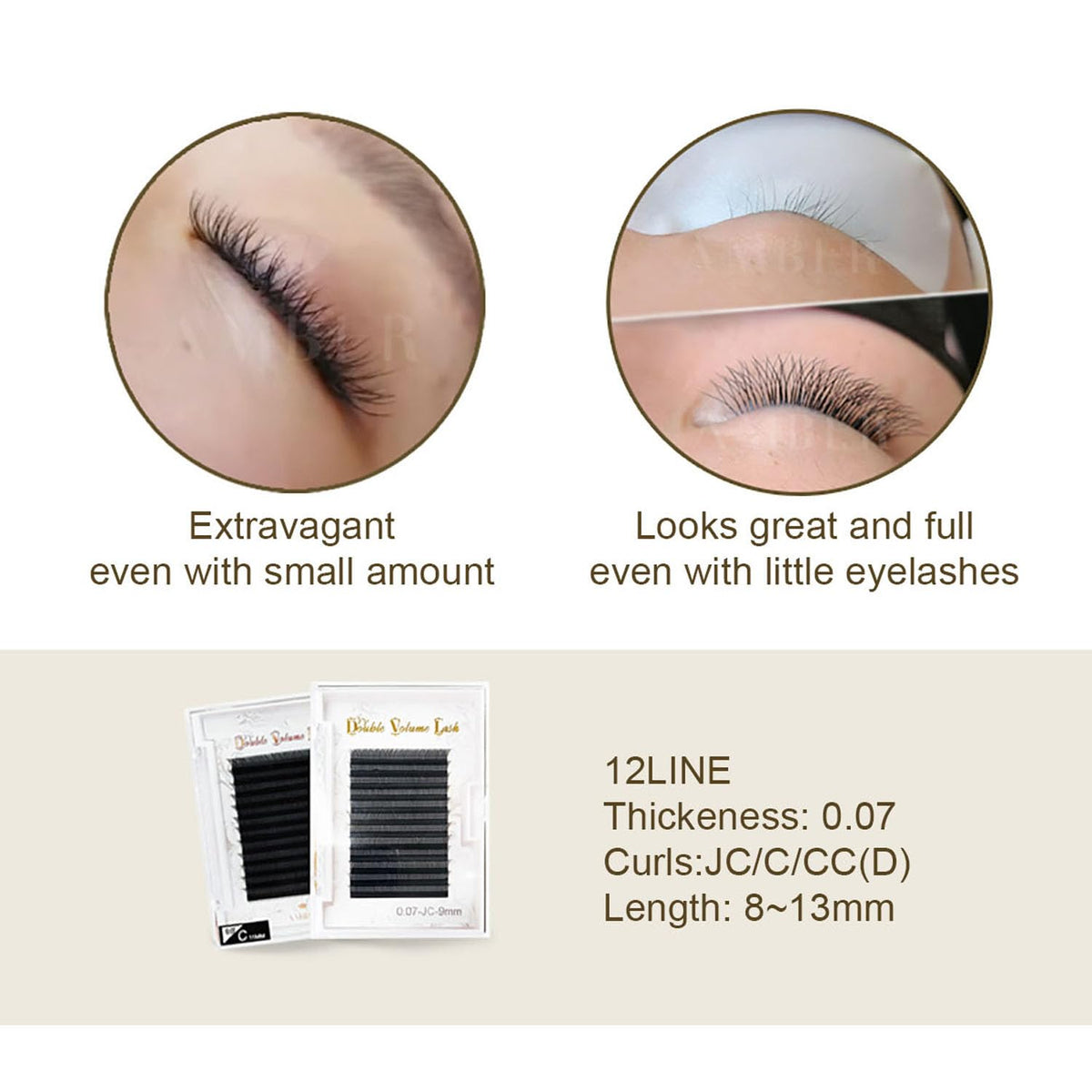 Amber Lash Double Volume YY Lash for Eyelash Extension Professionals, 0.07mm Thickness, Various Curls and Lengths
