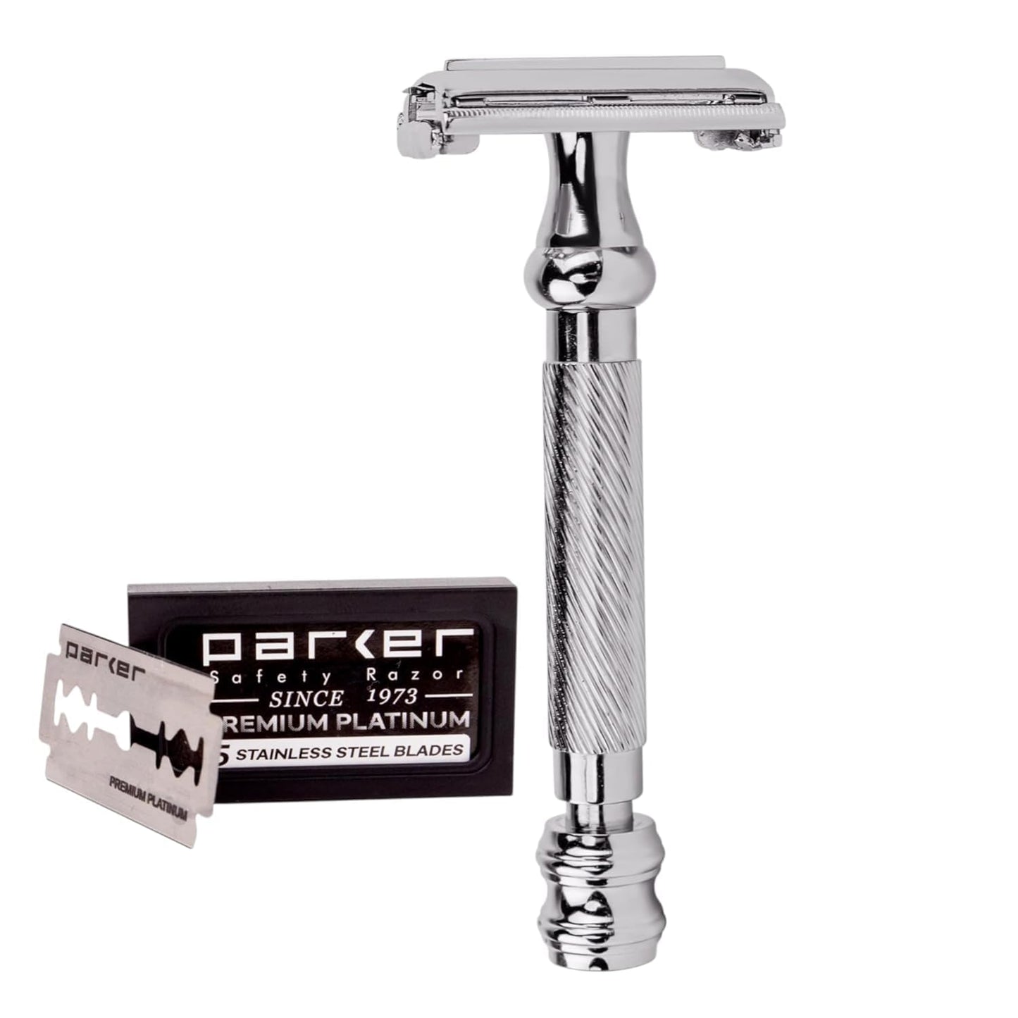 Parker 99R Chrome Long Handle Heavyweight Butterfly Open Double Edge Safety Razor for Men - 5 Parker Premium Platinum Double Edge Razor Blades Beauty and Personal Care Parker Safety Razor