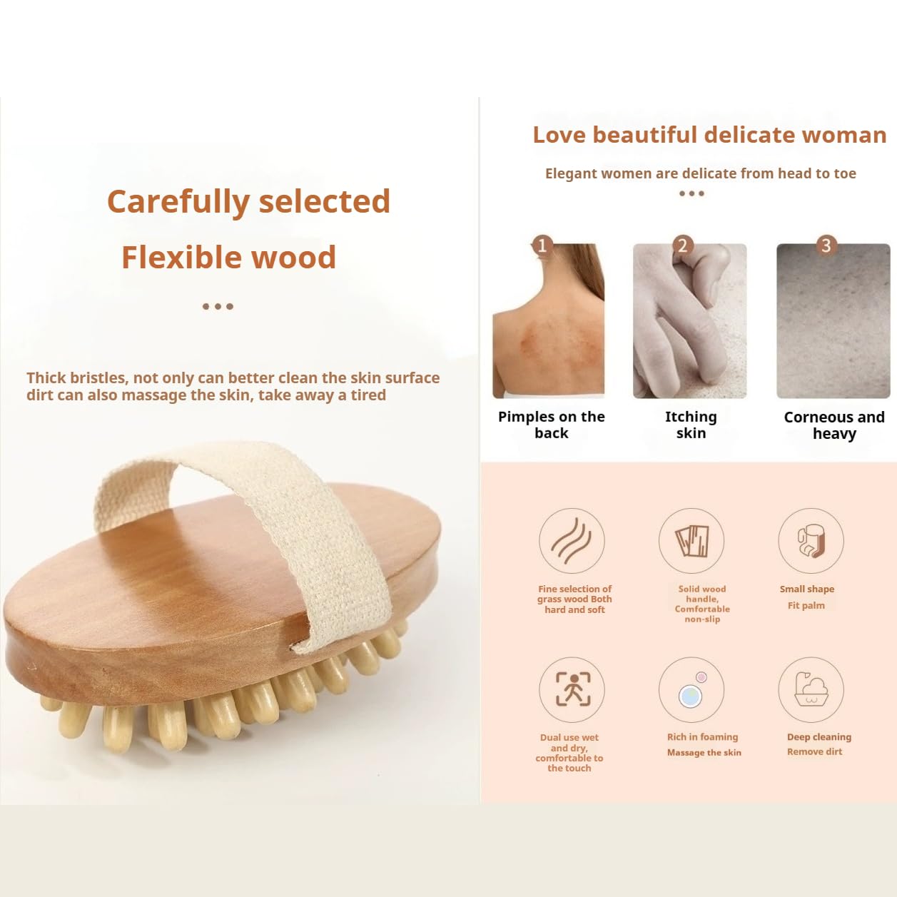 Dry Body Brush, Wooden Handheld Body Massager Brush - Natural Wood, body brush, bath & body brushes Muscle Relax Sauna Spa Head Massage Brush Beauty and Personal Care TIKMOON