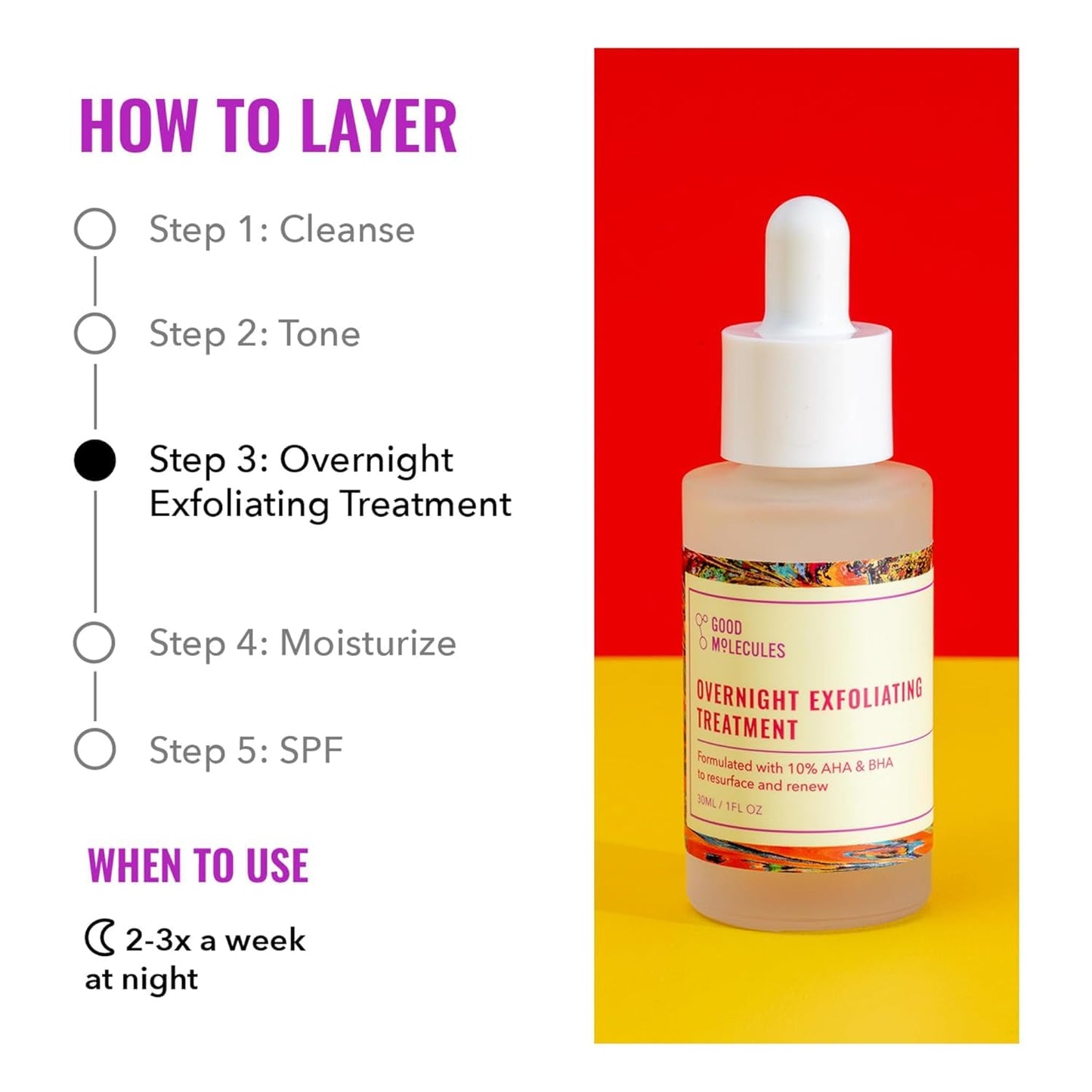 Good Molecules Overnight Exfoliating Treatment Pack 3 - 1 fl oz / 30 ml Each | Lightweight Face Exfoliator with AHA & BHA, Glycolic & Salicylic Acid Beauty and Personal Care Good Molecules