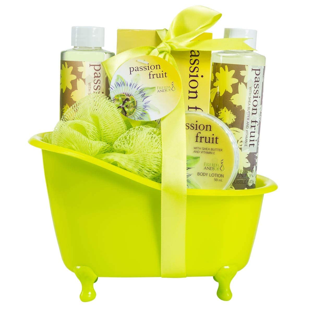 Home Spa Bath Basket Passion Fruit Fragrance Bath & Body Set For Women Contains Shower Gel, Bubble Bath, Body Lotion, Bath Salt in Green Tub Gift Beauty & Personal Care Freida and Joe