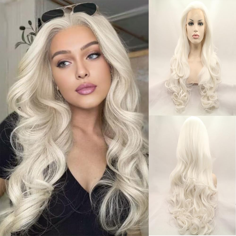 xiweiya 60# Platinum Blonde Wavy Lace Front Wig Long White Blonde Wavy Curly Synthetic Lace Front Wig White Queen Wig 13x3 Lace Wig Heat Resistant