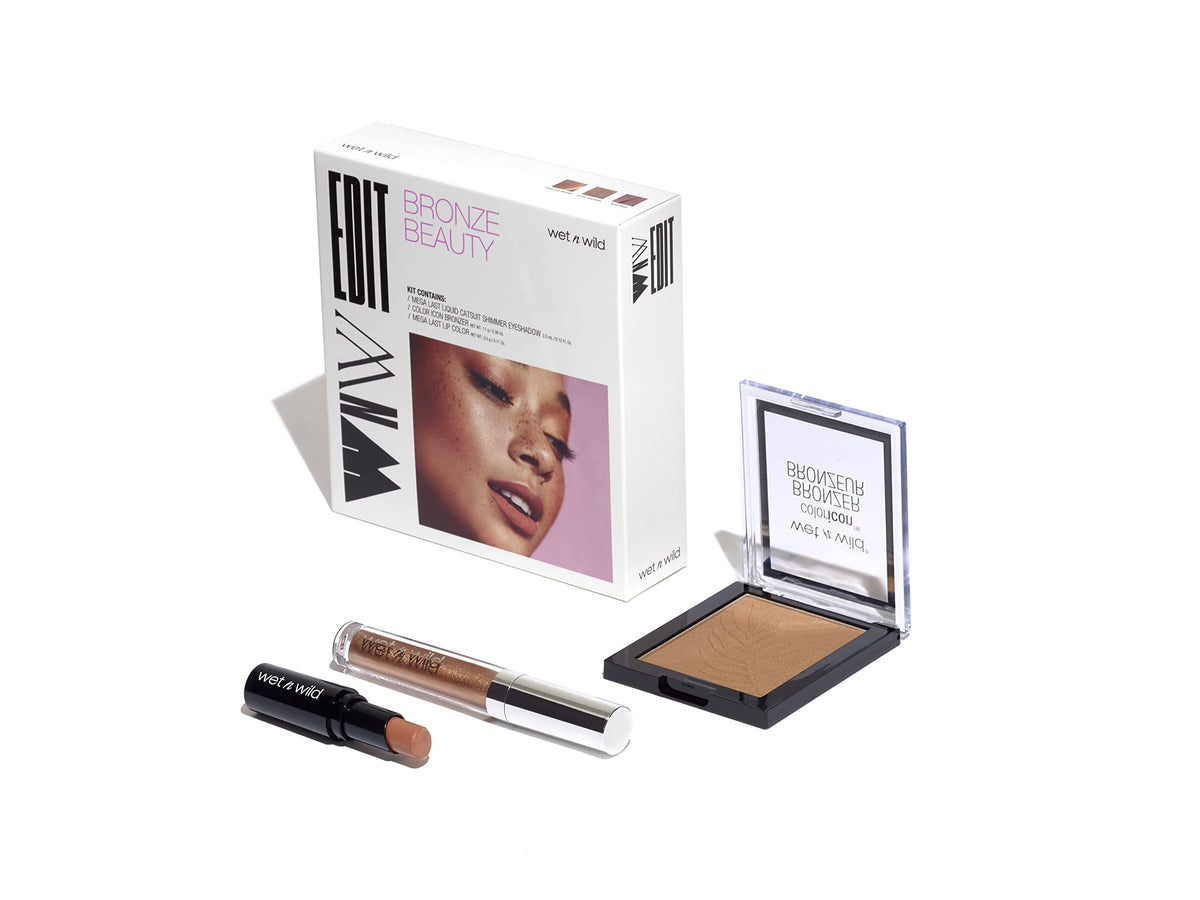 wet n wild Edit Makeup Set Bronze Beauty Kit, Bronzer Face Powder, Glitter Bronzer Lip Gloss, Matte Lipstick