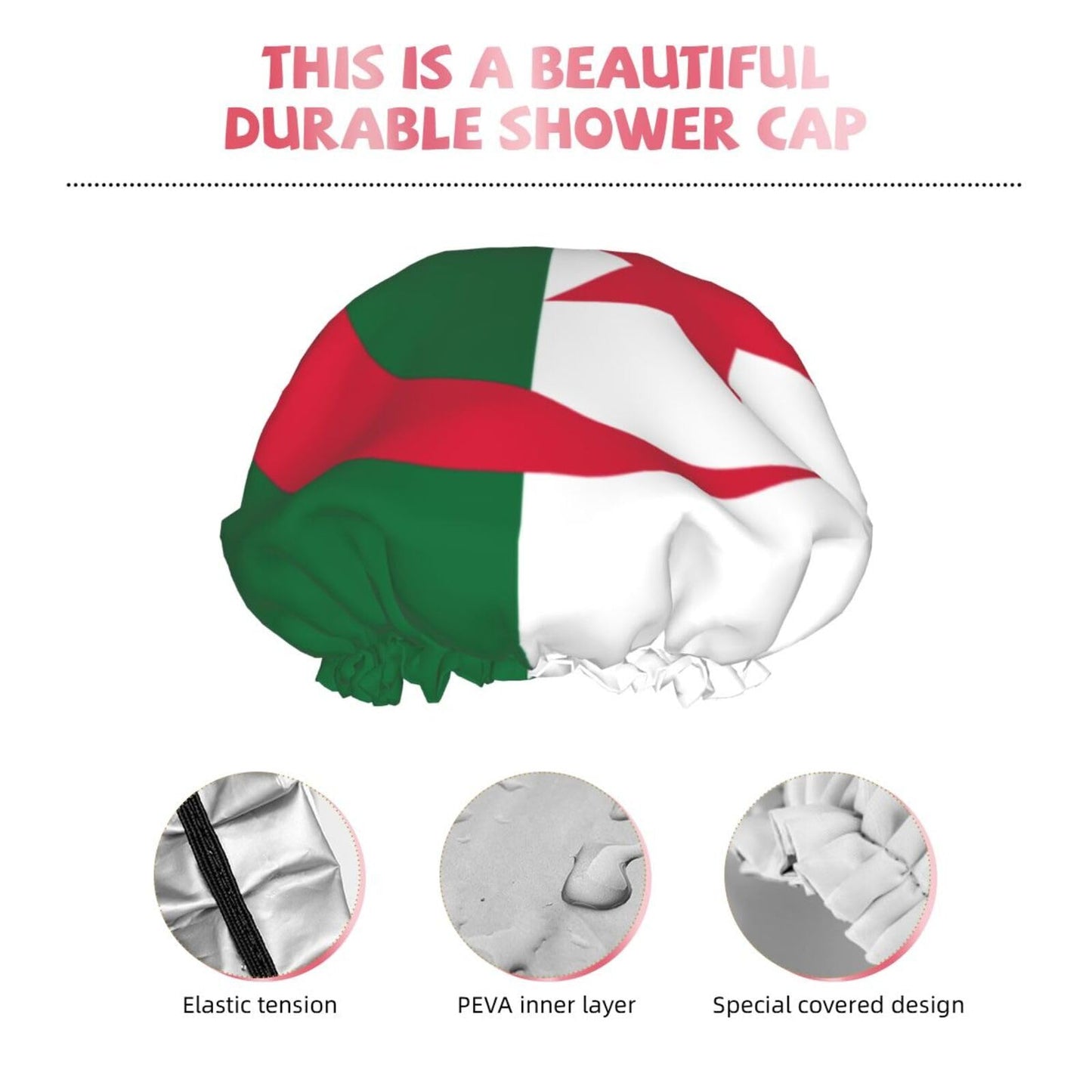 Algeria Flag Prints Shower Cap Double Layer Lined Waterproof Bathing Shower Hat Beauty and Personal Care Hayyett