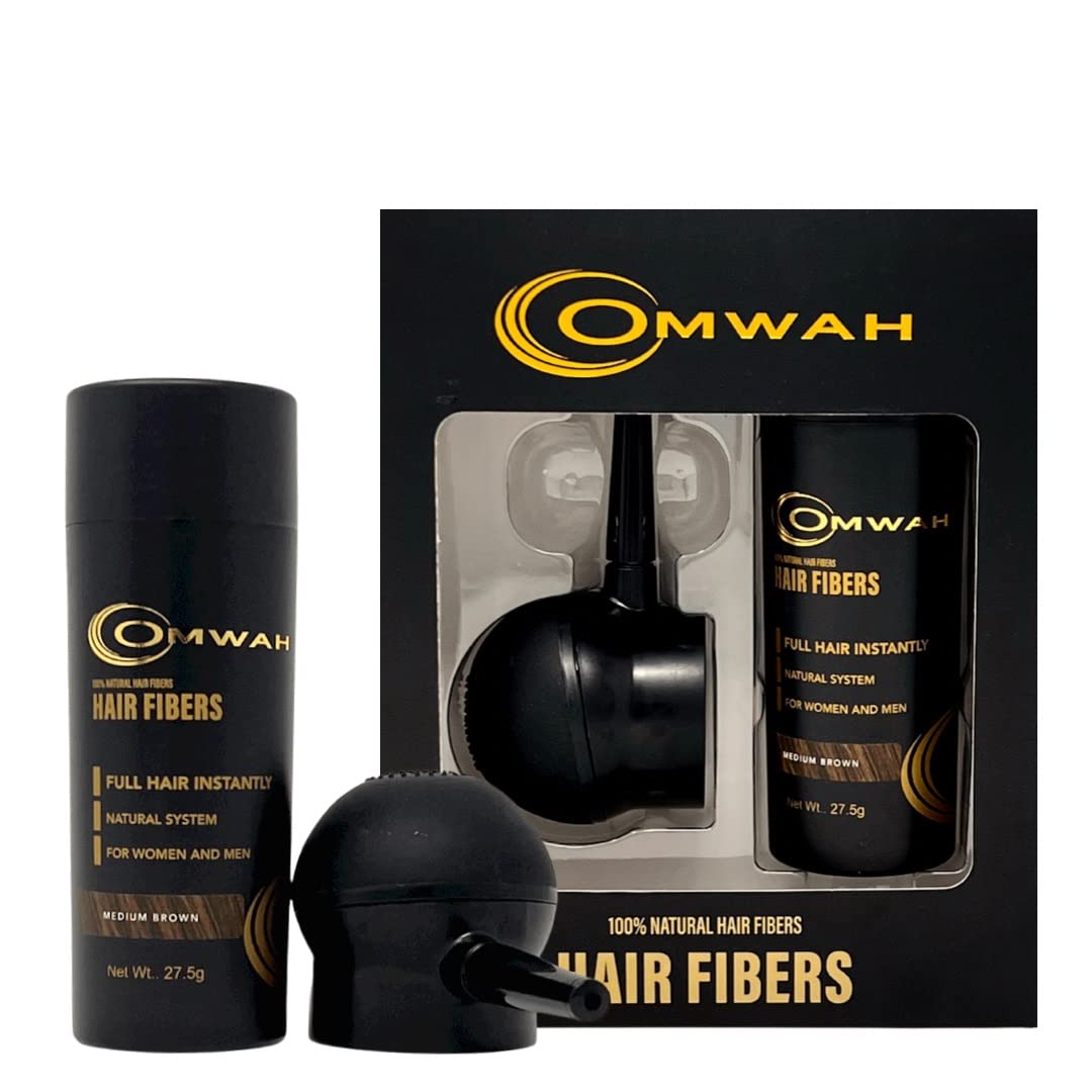 OMWAH Hair Fibers for Thinning Hair Men - 2-in-1 Kit 27.5g, Hair Building Fibers & Spray Applicator, Natural Thick Hair Filler, Conceals Hair Loss