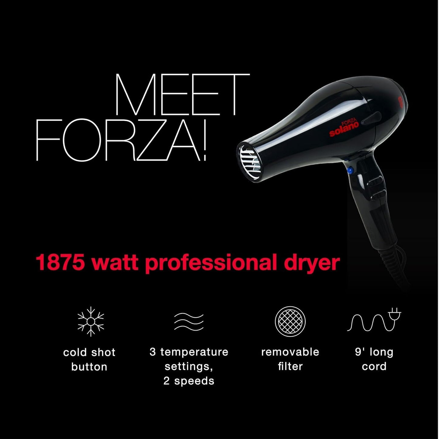 Solano Forza Ultra-Fast Ionic Far Infrared Hair Dryer | Eliminate Frizz + Enhances Volume | 1875 Watt + Tourmaline + Internal Silencer | Italian-Made Beauty & Personal Care Solano