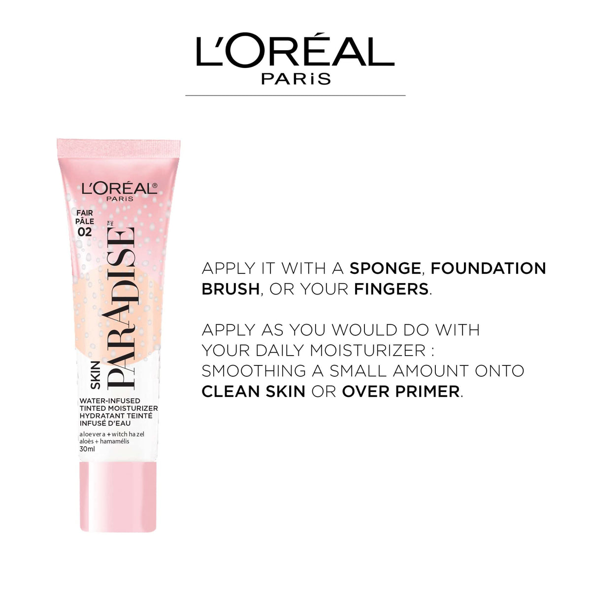 L'Oreal Paris Skin Paradise Water-infused Tinted Moisturizer with Broad Spectrum SPF 19 sunscreen lightweight, natural coverage up to 24h hydration