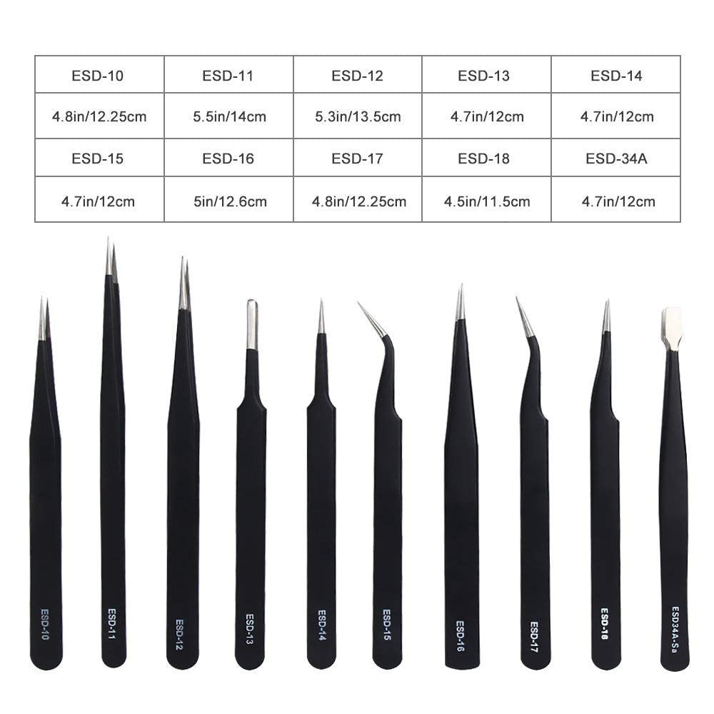 JIAN YA NA ESD Tweezers Tools Kit 10PCS Anti-static ESD Precision Anatomically Shaped Stainless Steel Tweezers with Storage Bag for Electronics Lab Beauty and Personal Care JIAN YA NA