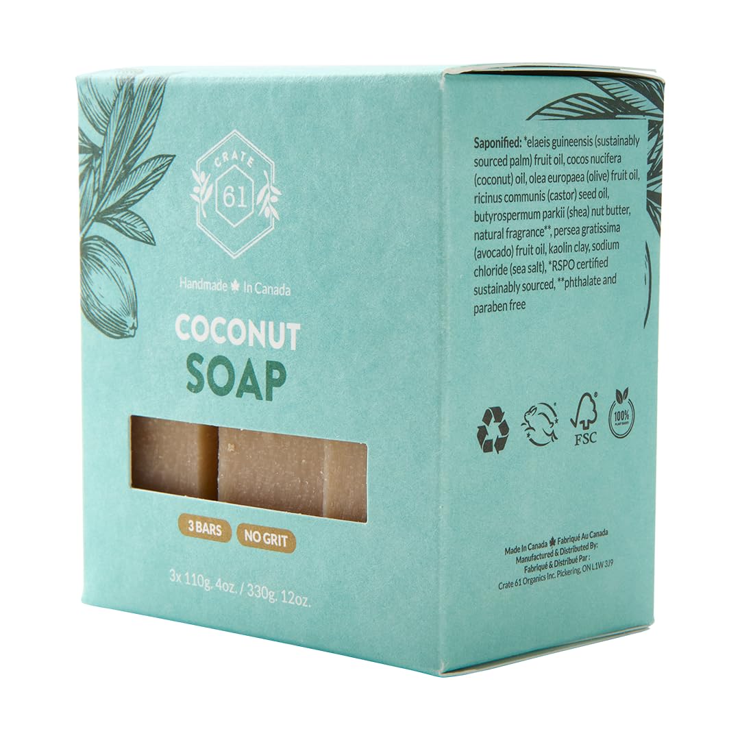 Crate 61 Organics, Handmade Vegan Natural Bar Soap Cold Pressed For Face And Body, With Premium Essential Oils, For Men And Women 3 Pack (Coconut) Beauty & Personal Care Crate 61 Organics
