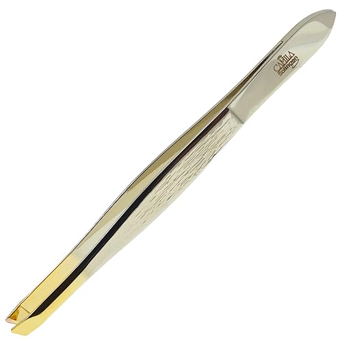 Camila Solingen CS29 3 1/2" Gold Tipped, Surgical Grade, German Stainless Steel Tweezers (Slanted) - Flawless Eyebrow and Facial Hair Shaping Beauty & Personal Care Camila Solingen