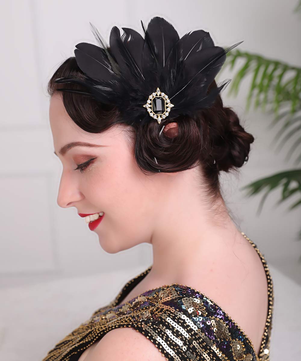 Aimimier 1920s Flapper Black Feather Headpiece Crystal Roaring 20s Feather Hair Clip Masquerade Hair Accessory for Women Beauty & Personal Care Aimimier