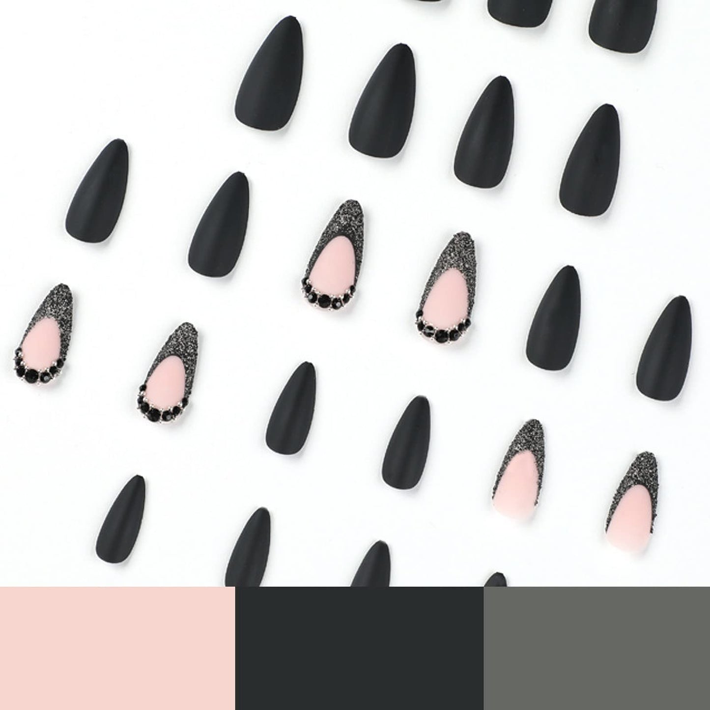 IMSOHOT Medium Press on Nails Almond Matte Black Fake Nails French Tips Acrylic False Nails with Rhinestone Designs Beauty & Personal Care IMSOHOT
