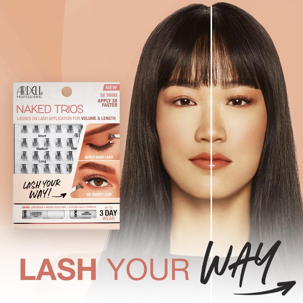 Ardell Naked Lashes Trios Kit - Natural Look Cluster Lashes with Lash Glue & Remover, DIY Eyelash Extensions, 3-Day Wear, 32 Clusters