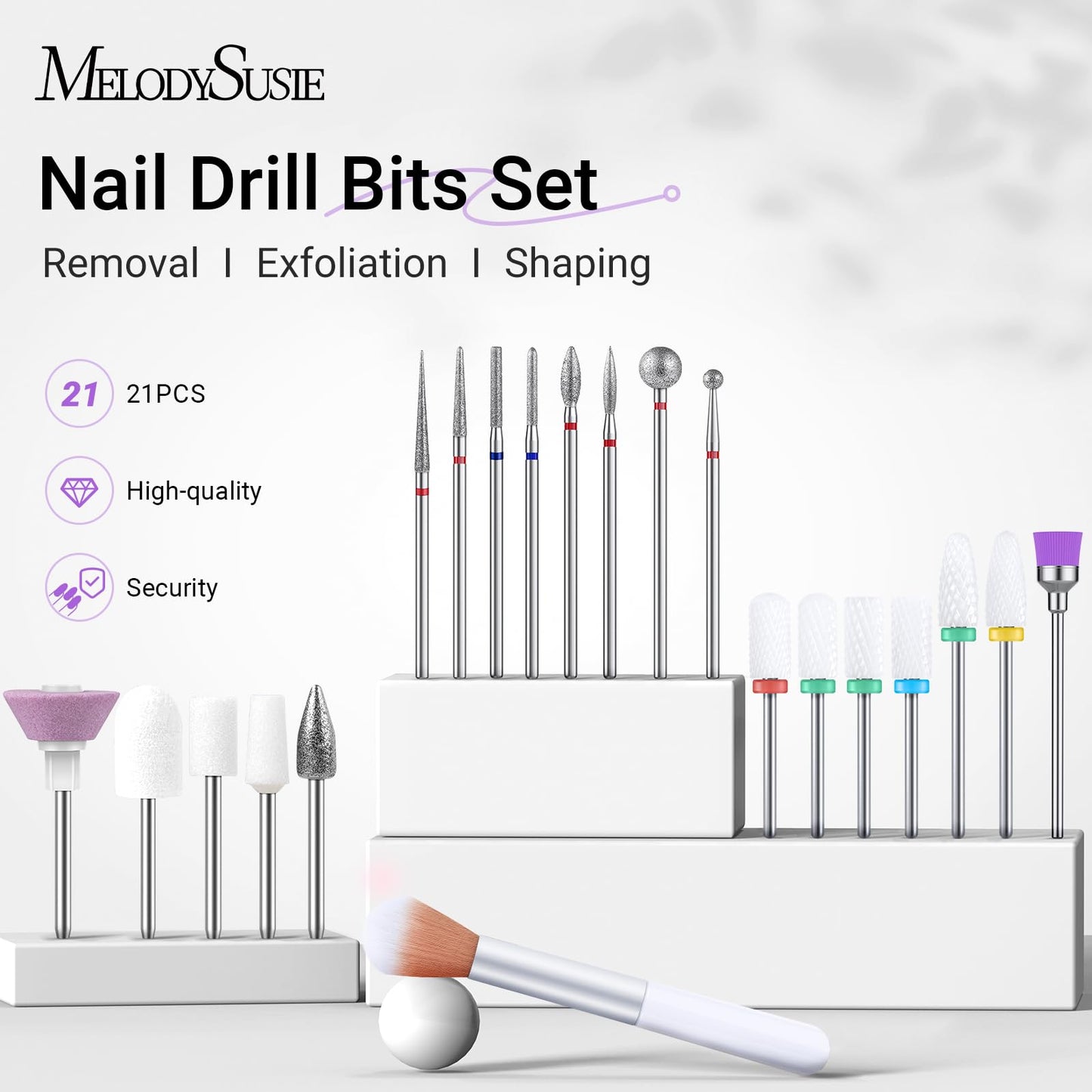 MelodySusie 21pcs Nail Drill Bit Set, Professional 3/32'' Ceramic Diamond Carbide Acrylic Gel Nail Art Tool Kit, Cuticle Remover Bit for Acrylic Gel Beauty and Personal Care MelodySusie