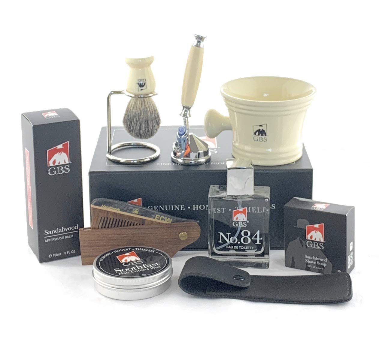 G.B.S Men’s Shaving Kit- 5 Blade Razor w/Stand, Cologne, Shaving Mug Knob Handle, Badger Brush w/Stand, Sandalwood Aftershave, Hair Wax w/Folding Comb Beauty and Personal Care G.B.S
