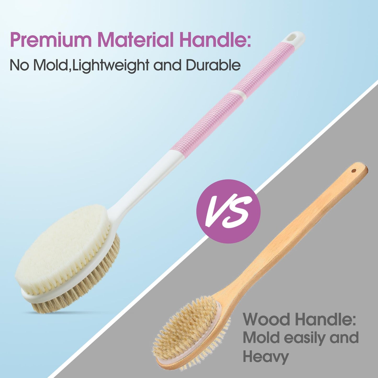 Backski Body Scrubber Anti Slip for Shower,Shower Brush Long Handle with Stiff and Soft Bristles,Body Wash Exfoliating Back Scrubber for Bath or Dry Beauty and Personal Care Backski
