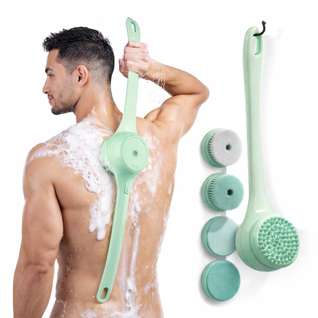 ME JO Electric Body Brush Back Scrubber for Shower - Massaging Spin Brush - 5 Replacement Heads - Waterproof - Rechargeable - Shower Back Scrubber Beauty and Personal Care ME JO
