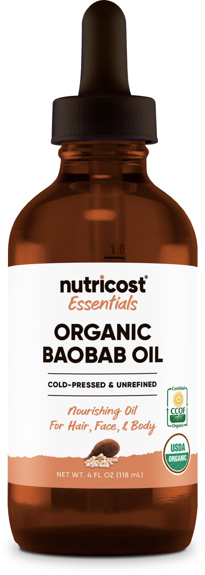 Nutricost Organic Baobab Oil (4 FL OZ) - Nourishing Oil For Hair, Face, & Body, Cold Pressed & Unrefined Beauty & Personal Care Nutricost