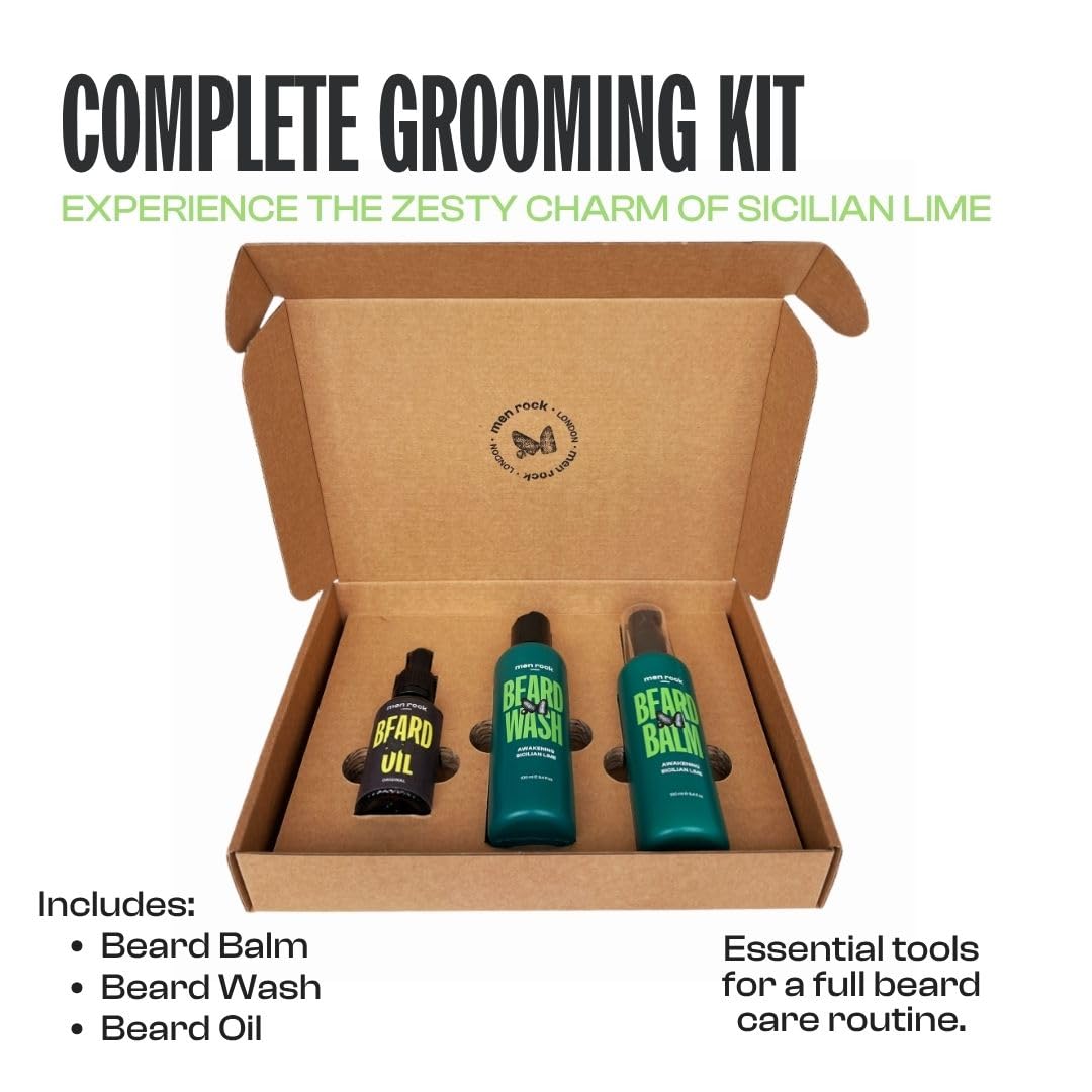Men Rock Beardy Beloved Awakening Essential Beard Kit - Sicilian Lime - Beard Oil, Balm, and Wash - Mens Face Care - Skincare Products for Men - 3 Pc Beauty and Personal Care Men Rock