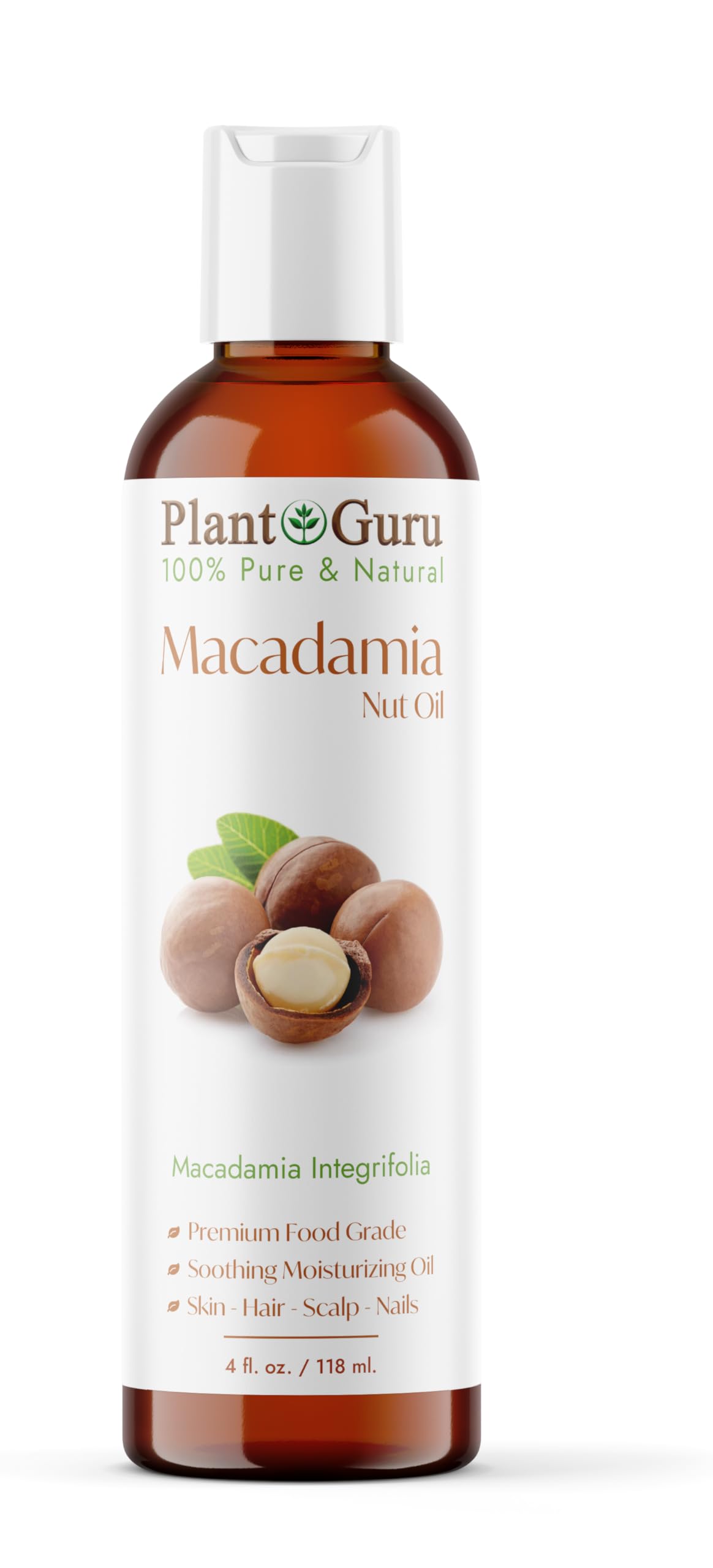 Plant Guru Macadamia Nut Oil 4 fl. oz. Cold Pressed 100% Pure Natural Carrier - Skin, Face, Body, and Hair Moisturizer. Ideal for DIY Creams, Lotions Beauty & Personal Care Plant Guru