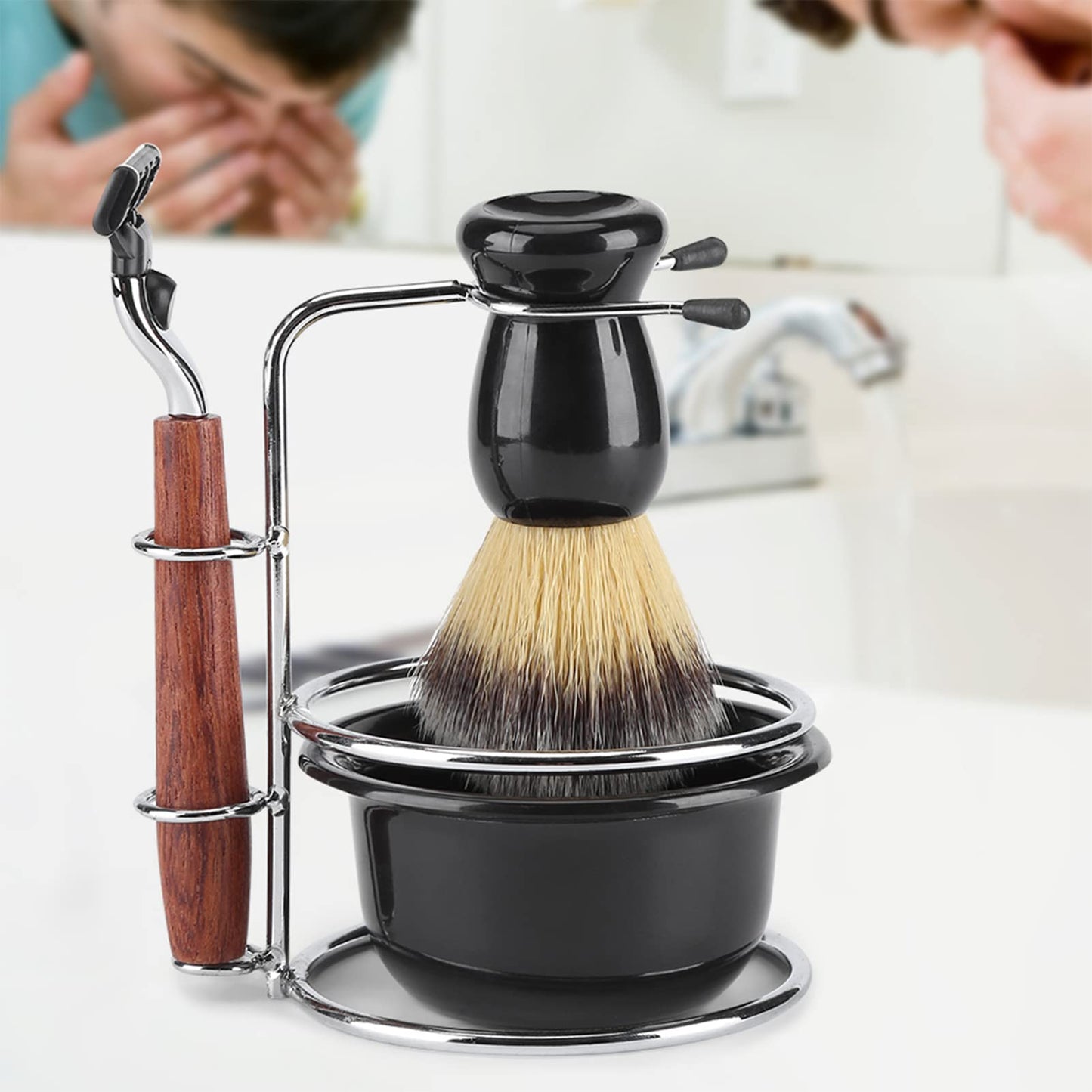 RIZGHWOY 4 in 1 Shaving Set for Men with Wooden Handle Hair Brush Stainless Steel Stand Bowl Husband Father Dad Beauty and Personal Care RIZGHWOY