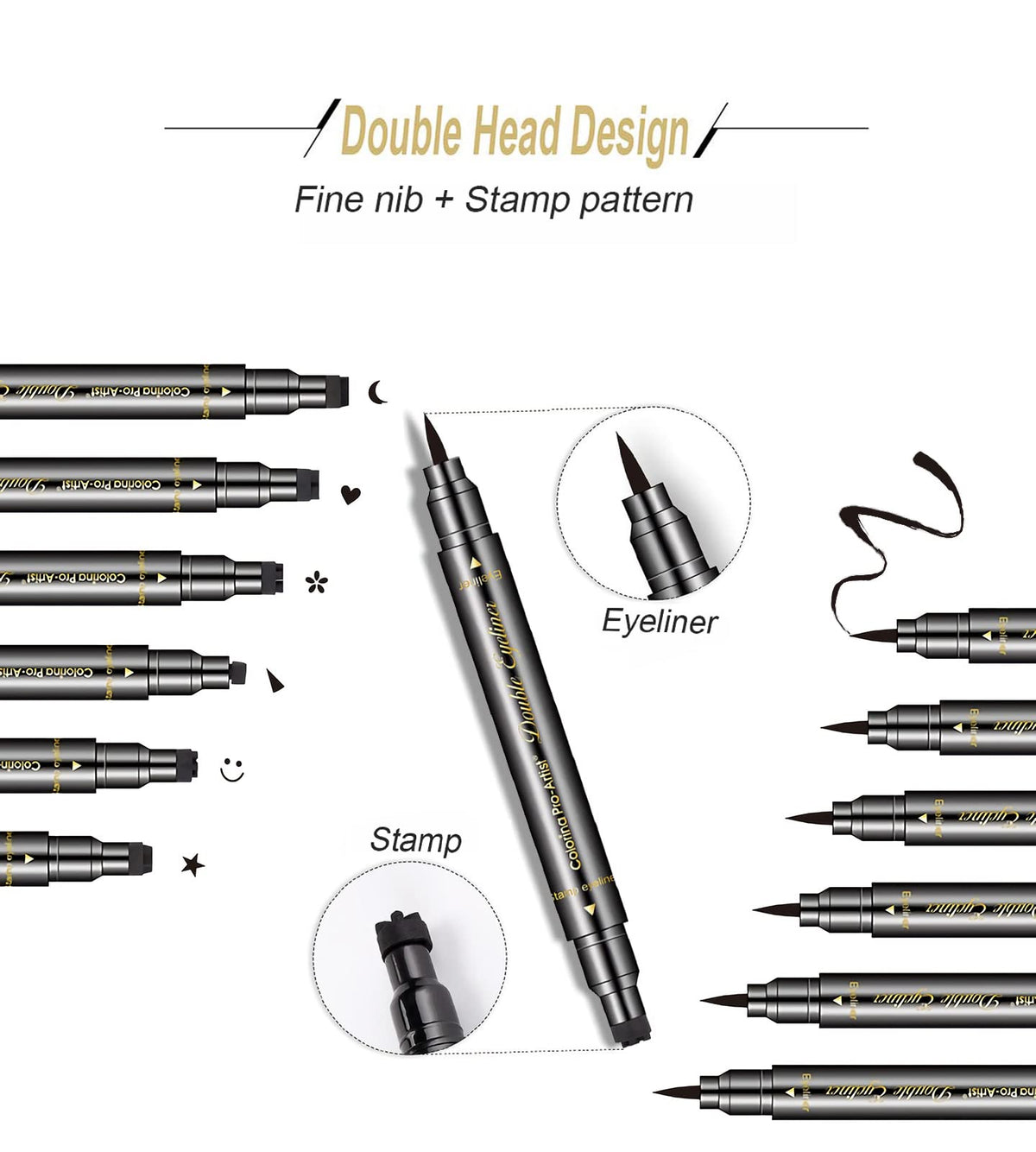 SUMEITANG 6 Pcs Double-headed Eyeliner Stamps Set Black Liquid Eye Liner Pen With Star,Moon,Heart,Flower,Smiley,Triangle Stamp Stencils Shapes Beauty & Personal Care SUMEITANG