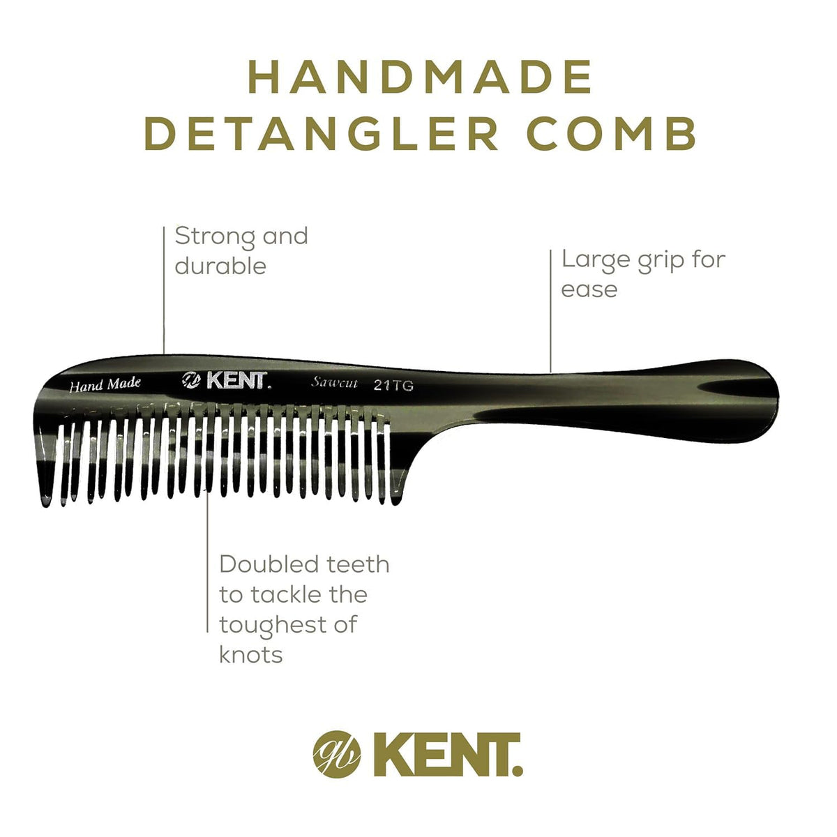Kent 21T Black Graphite Large Detangling Comb, Wide Teeth for Thick Curly Wavy Hair. Long Hair Detangler Comb For Wet and Dry. Handmade of Quality