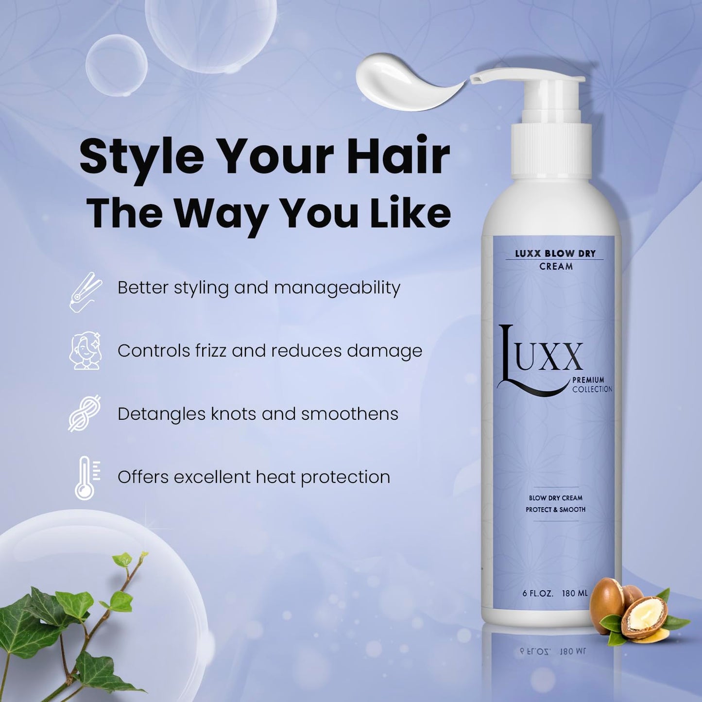 Luxx Blow Dry Cream | Frizz Control | Vegan Heat Protectant Styling Cream | Infused with Argan Oil & Shea Butter | Sulfate & Paraben-Free (6 Fl. Oz) Beauty & Personal Care MOEHAIR