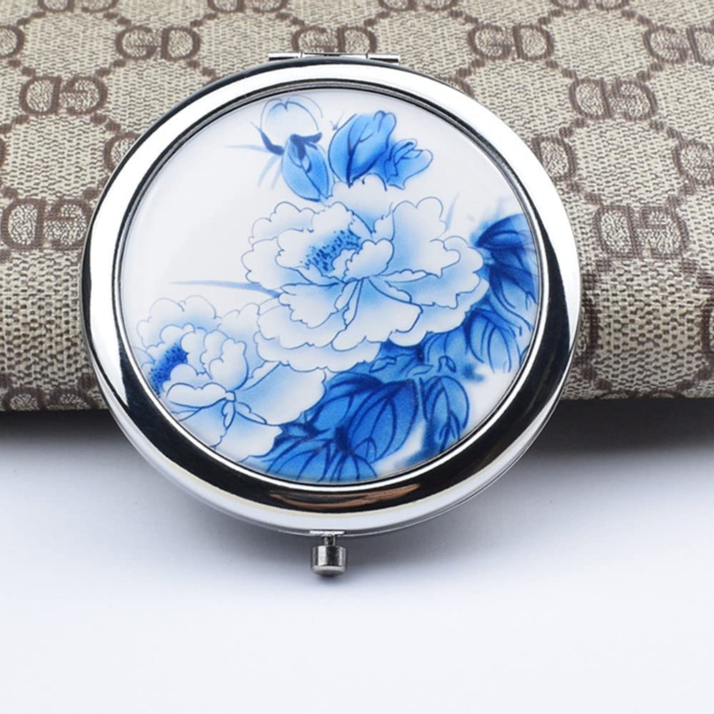 mpowtech Blue Magnifying Compact Mirror for Purse - 1x/2x Magnification Travel Makeup Mirror,Small Flower Pocket Mirrors,Handheld 2-Sided Portable Beauty & Personal Care mpowtech