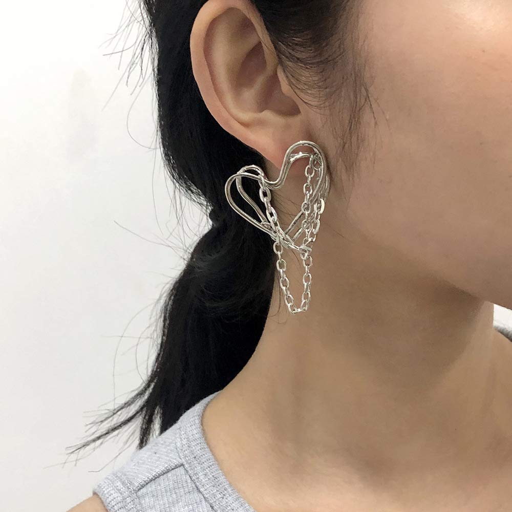 JWICOS Tassel Chain Drop Dangle Double Layer Big Heart Hoop Earrings for Women Punk Style (Silver) Beauty & Personal Care JWICOS