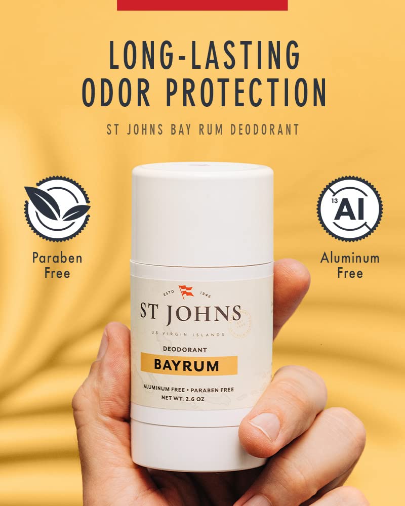 St Johns Bay Rum Aluminum Free Deodorant - Long-Lasting, Odor Resistant, & Soothing - Clear Deodorant Stick - Odor-Free Deodorant Made of Natural Beauty and Personal Care St. John