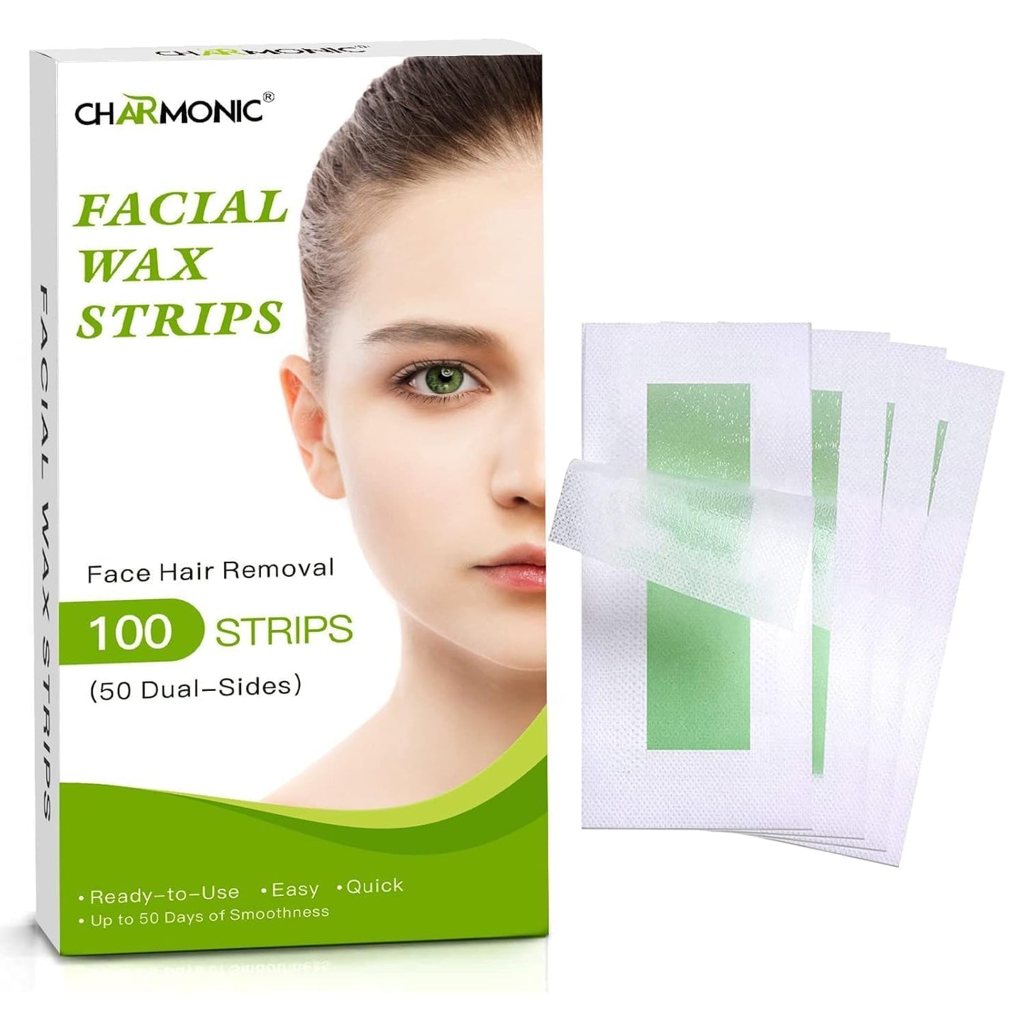 Facial Wax Strips - 100 Count, Facial Hair Removal for Women, Waxing Strips for Face Eyebrow Upper Lip Cheek Hair Remover, Quick & Painless At Home Beauty and Personal Care Charmonic