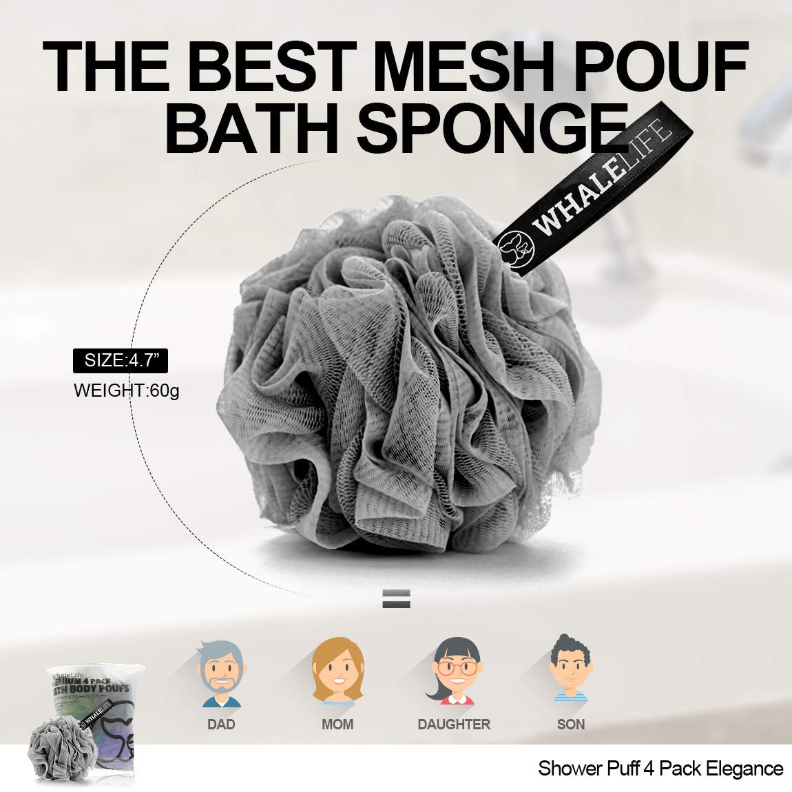 Loofah Sponge Bath Sponge for Women Men 4 Pack (Gray Blue Green Purple) Beauty & Personal Care WhaleLife