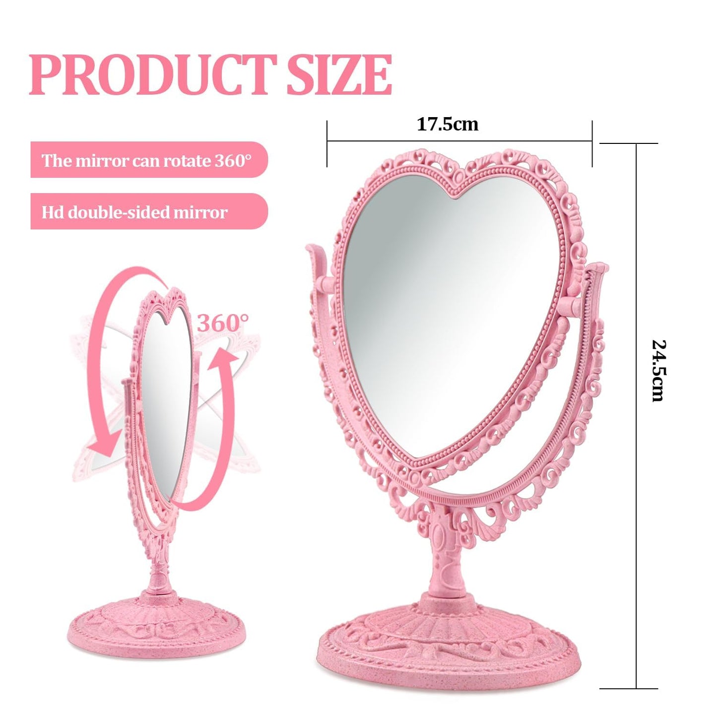 QEEYON Pink Heart Vanity Mirror - Double Sided 360 Degree Swivel - Aesthetic Makeup Cosmetic Mirror for Table Desk Countertop Dresser Coquette Beauty & Personal Care QEEYON