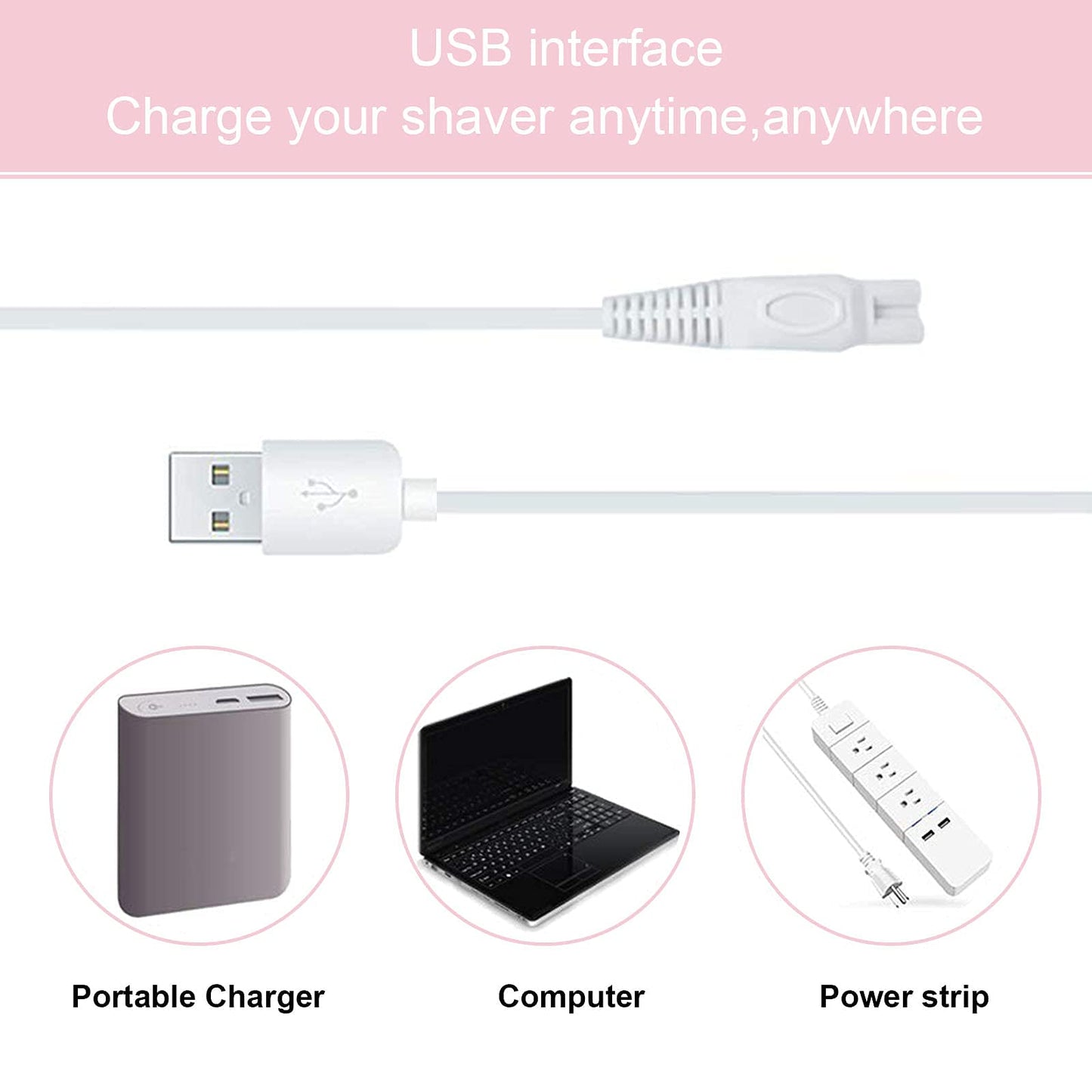 Women Shaver USB Charging Cable Compatible with Finishing Touch Flawless Body Rechargeable Ladies Shaver Women Electric Trimmer 5V Power Cord Ladies Beauty and Personal Care LinMei