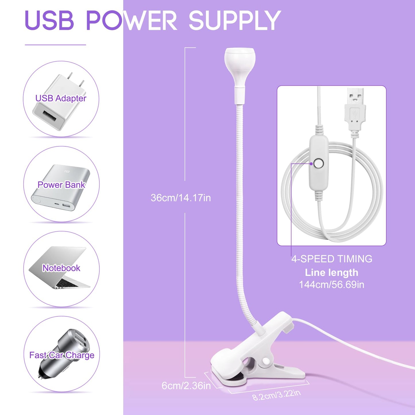 Geisofu UV Nail Lamp, White, Metal, 3W LED, Dual Wavelength, Dimmable, USB Powered, Flexible, Compact, Easy to Use Beauty and Personal Care Geisofu