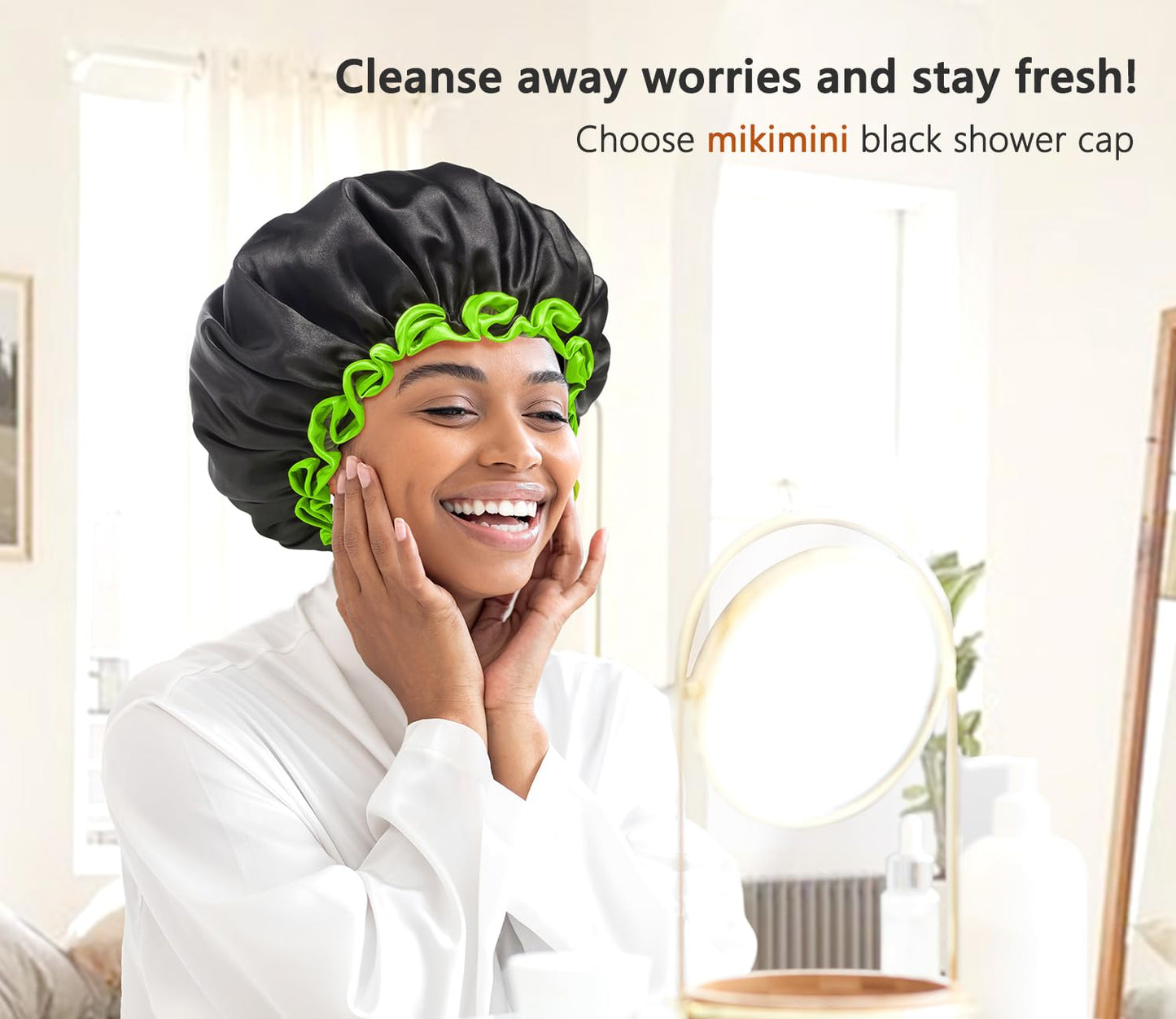 mikimini Black Shower Cap for Women, Men & Girls, 1 Pack, Reusable Double Layers Waterproof Bathing Shower Hat with Soft Comfortable PEVA Lining Beauty & Personal Care mikimini