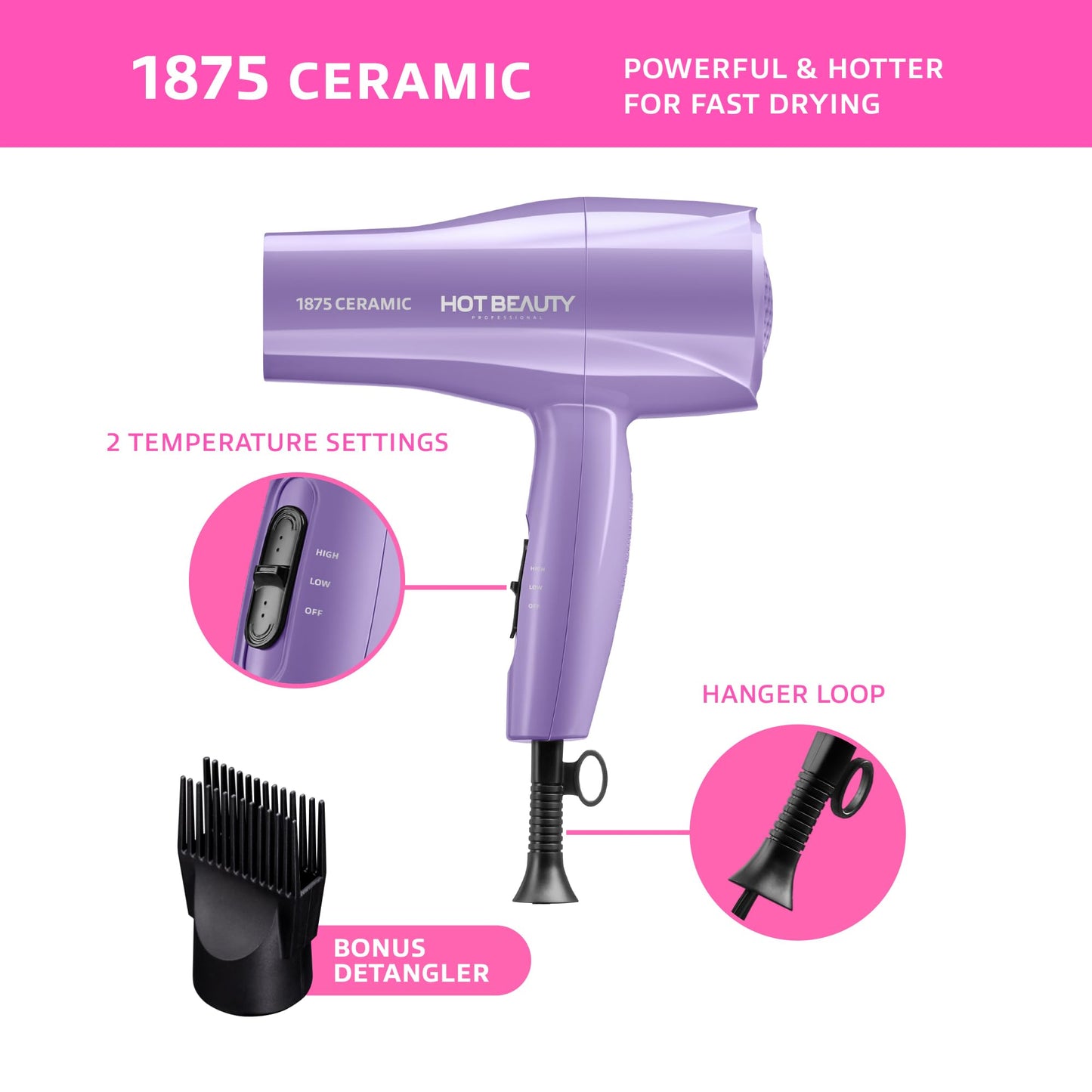 Hot Beauty 1875 Ceramic Hair Dryer, Powerful Fast Drying, Multi-Setting with Comb Attachment, Additional Detangler Included, Slide Bar Switch, Compact Beauty and Personal Care Hot Beauty